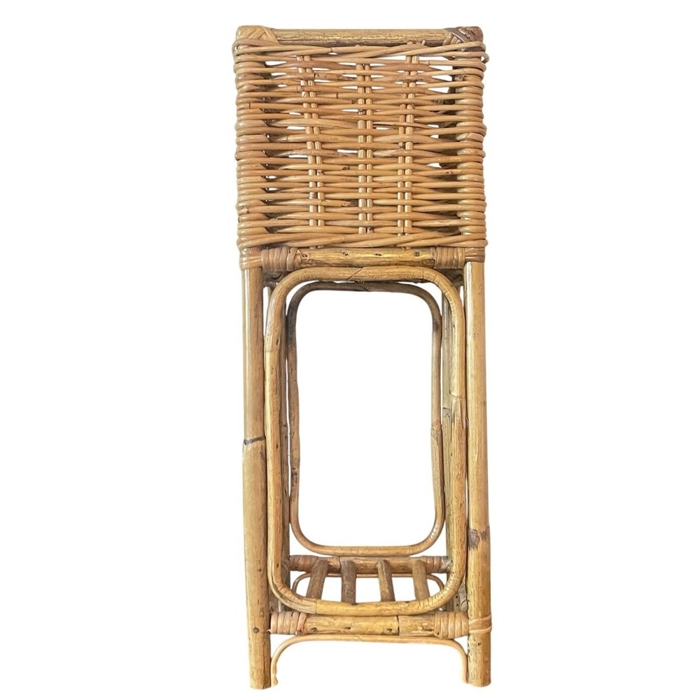 Vintage Art Nouveau Molded Rattan Burnt Bamboo Square Plant Stand Table MCM Boho